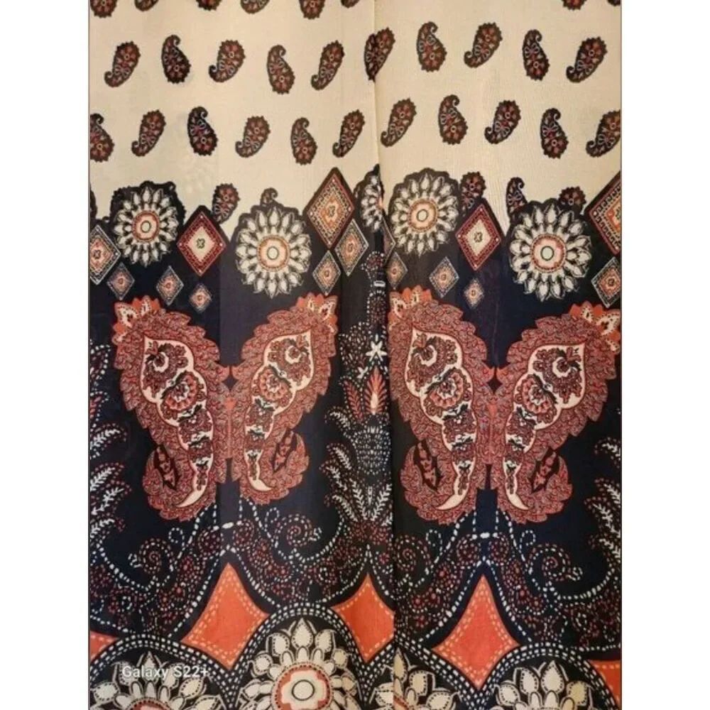 C25 Rue21 Navy, Coral & Cream Paisley & Butterfly Open Front Kimono- Fringed - Picture 4 of 10